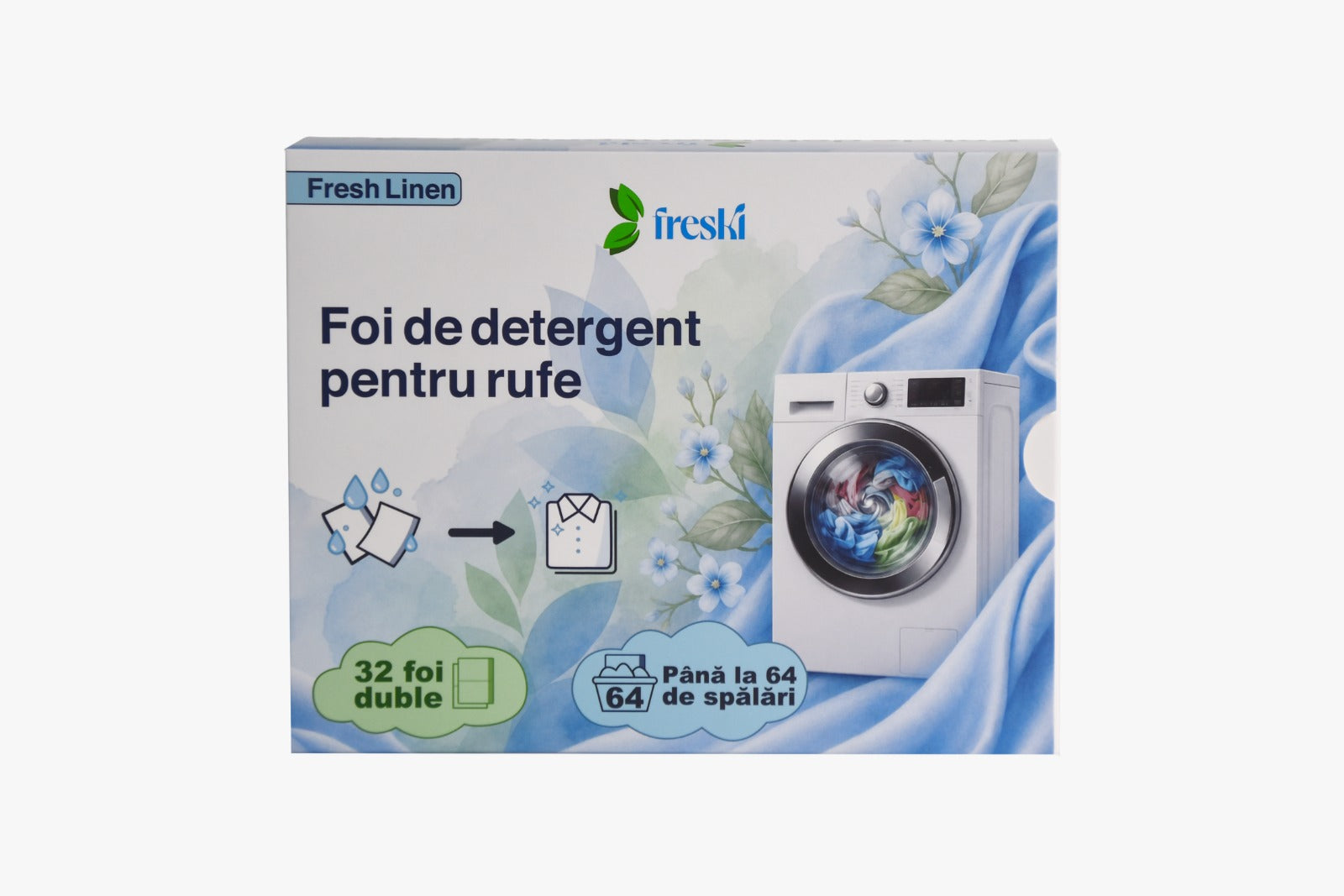 Foaie de detergent FRESKI Fresh Linen introdusă în tamburul mașinii de spălat